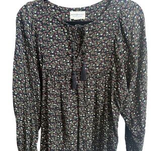 Denim & Supply Ralph Lauren Black Floral Tie-Front Peasant Blouse